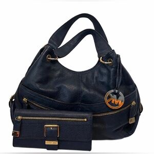 Michael Kors Navy Blue Layton Pebbled Leather Hobo Shoulder Bag with wallet